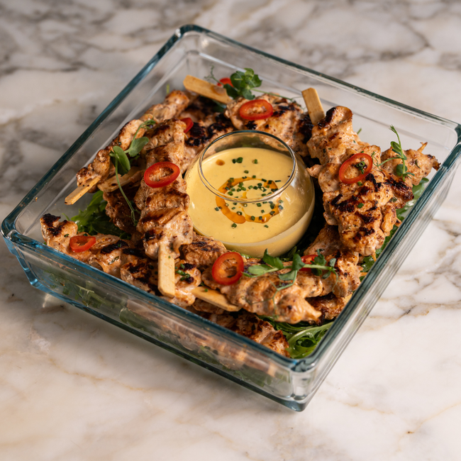 Chicken Skewers with Roasted Pepper Dip